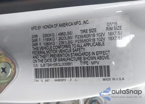 2016 Acura Rdx Technology Acurawatch Plus Packages/Technology Package z USA, uszkodzony, nr VIN 5J8TB4H58GL006881